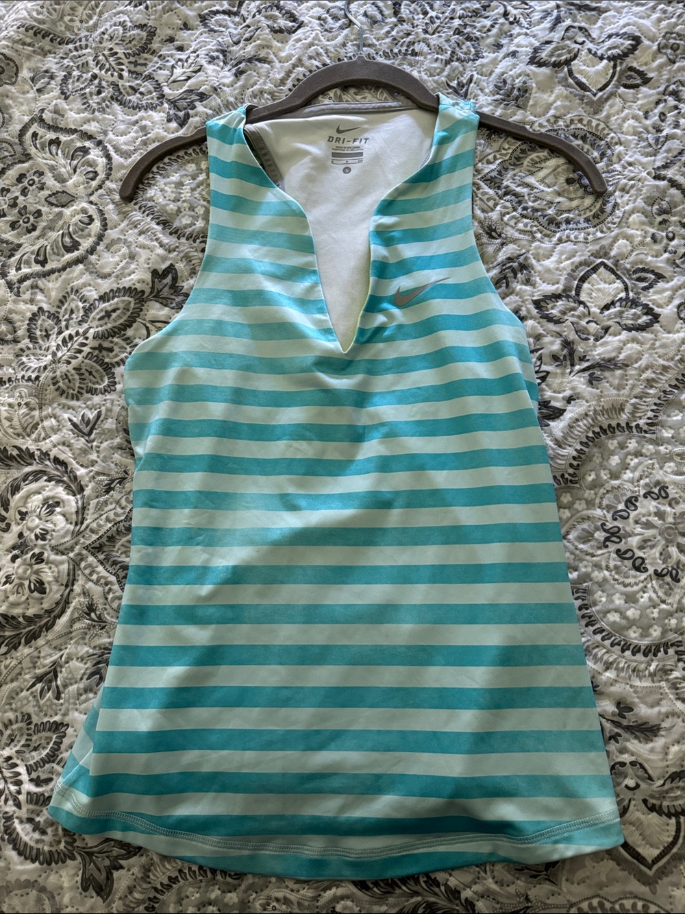 Nike Striped Aqua and White Dri-FIT V-Neck Sleeveless Tank
